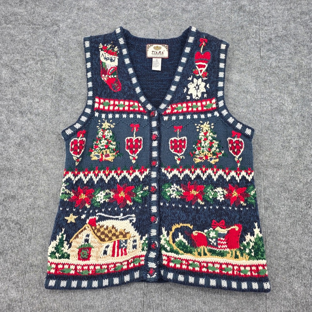 Tiara International Vintage Christmas Sweater Vest Navy Blue XL Holiday 2000